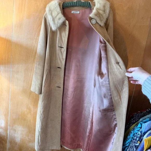 Vintage Saks Fifth Avenue Suede Blonde Mink Collared Mod 1960s Coat Medium - Picture 6 of 12